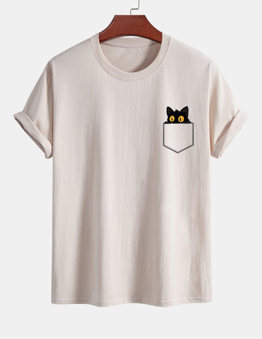 Regulär geschnittenes T-Shirt mit schwarzer Katzenmotivtasche