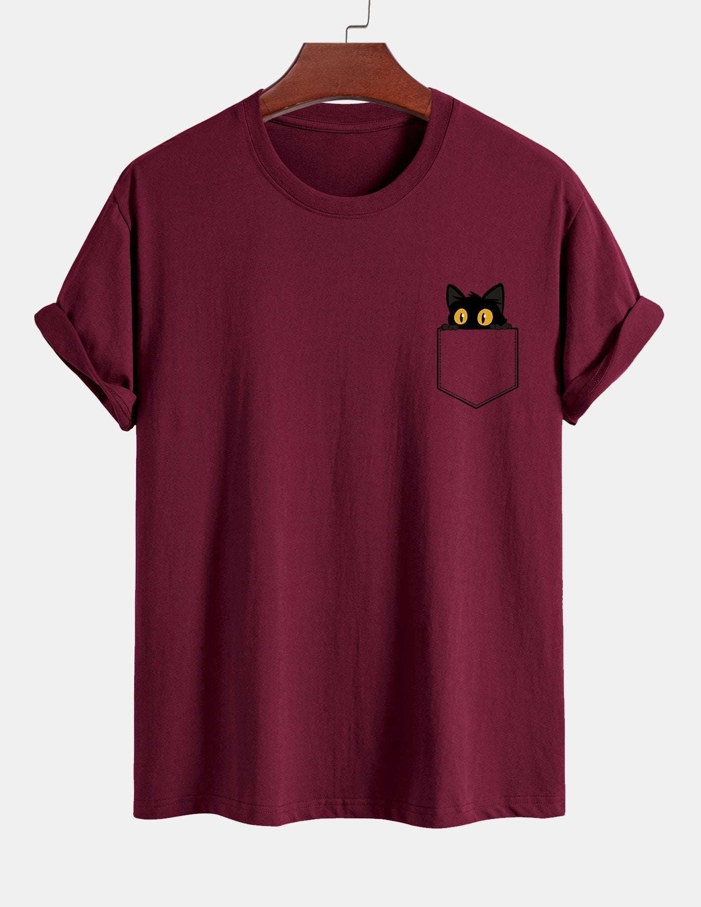 Regulär geschnittenes T-Shirt mit schwarzer Katzenmotivtasche