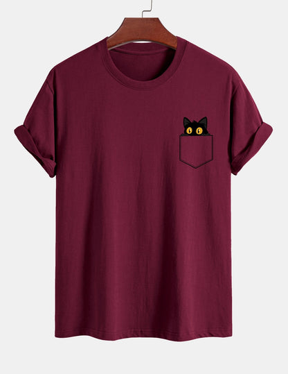 Regulär geschnittenes T-Shirt mit schwarzer Katzenmotivtasche