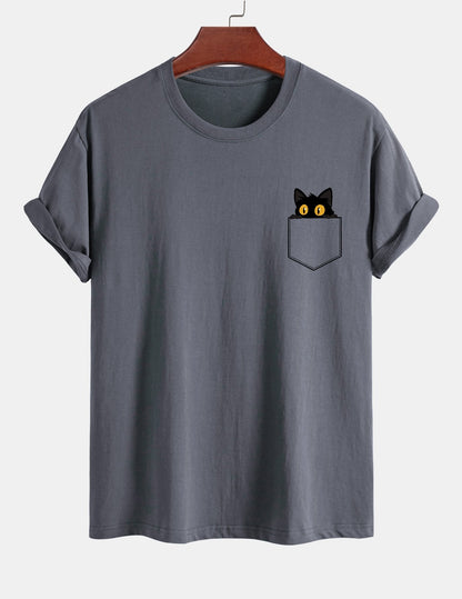 Regulär geschnittenes T-Shirt mit schwarzer Katzenmotivtasche