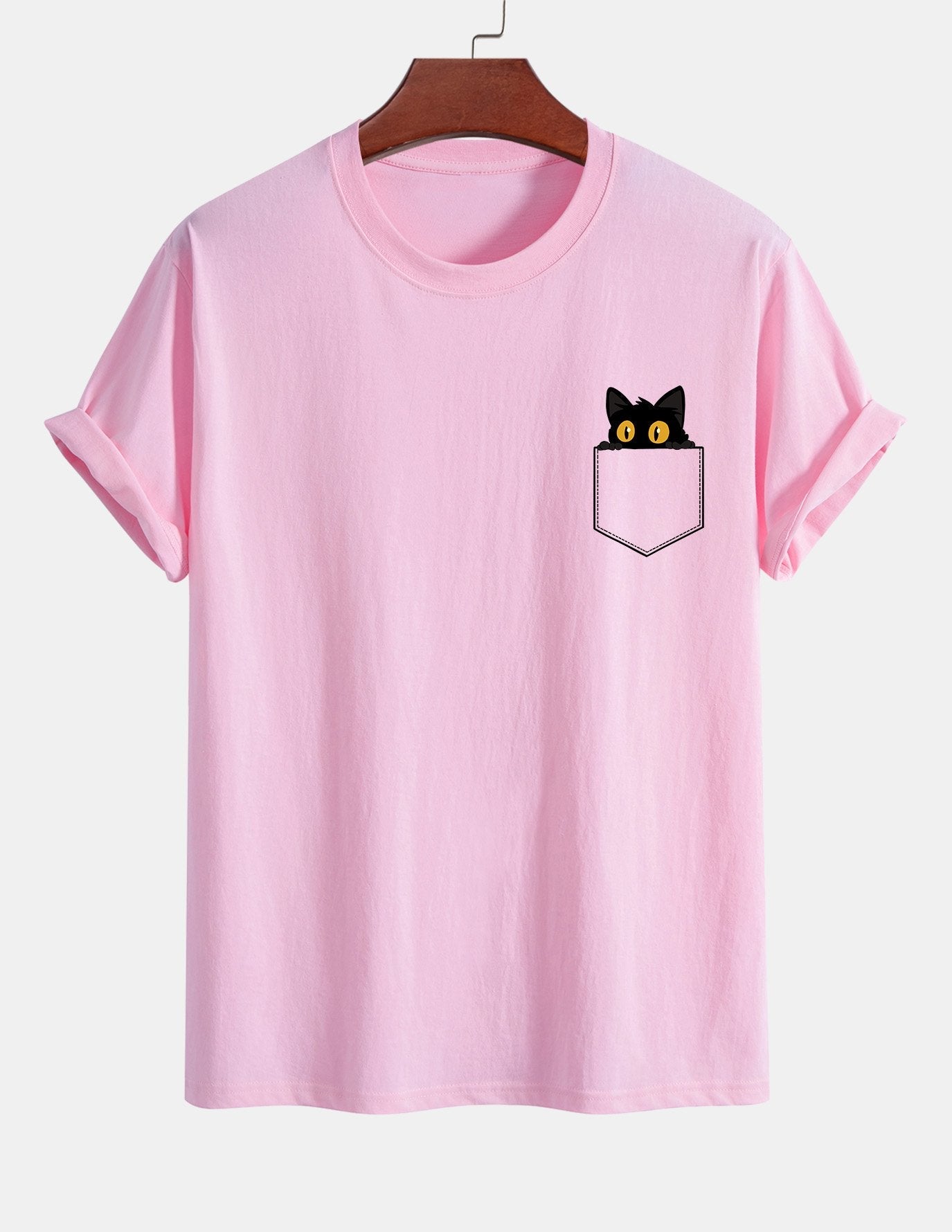 Regulär geschnittenes T-Shirt mit schwarzer Katzenmotivtasche