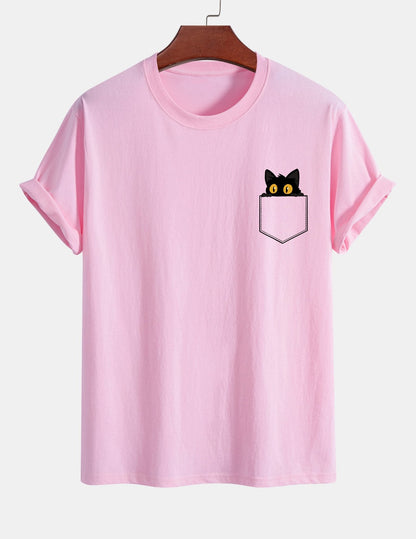 Regulär geschnittenes T-Shirt mit schwarzer Katzenmotivtasche