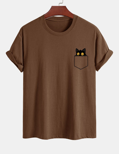 Regulär geschnittenes T-Shirt mit schwarzer Katzenmotivtasche