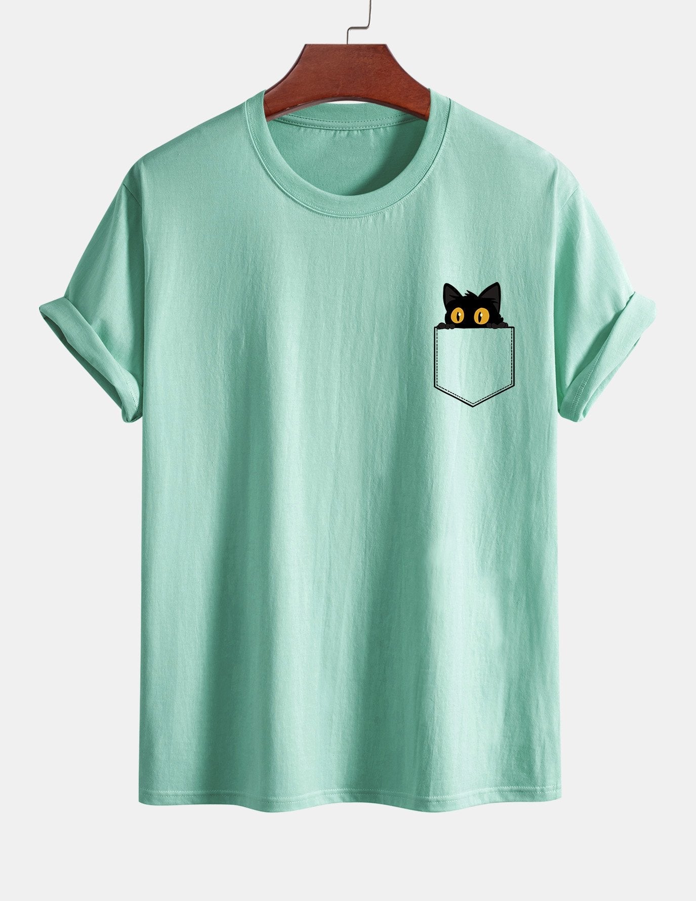 Regulär geschnittenes T-Shirt mit schwarzer Katzenmotivtasche