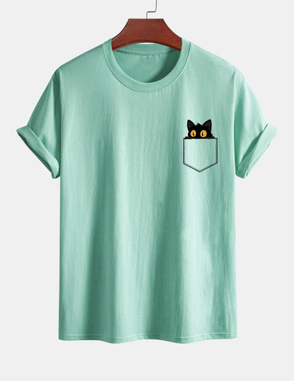 Regulär geschnittenes T-Shirt mit schwarzer Katzenmotivtasche