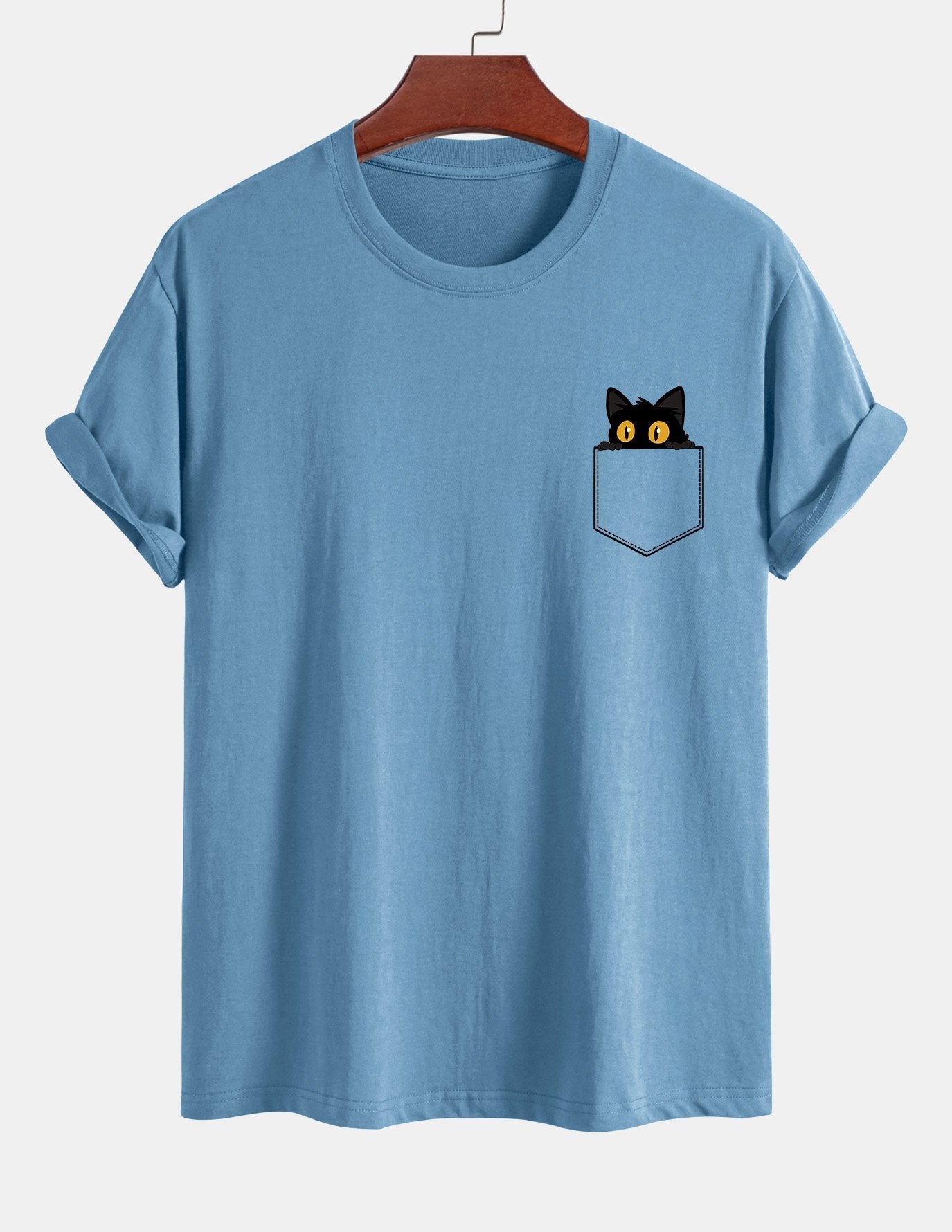 Regulär geschnittenes T-Shirt mit schwarzer Katzenmotivtasche