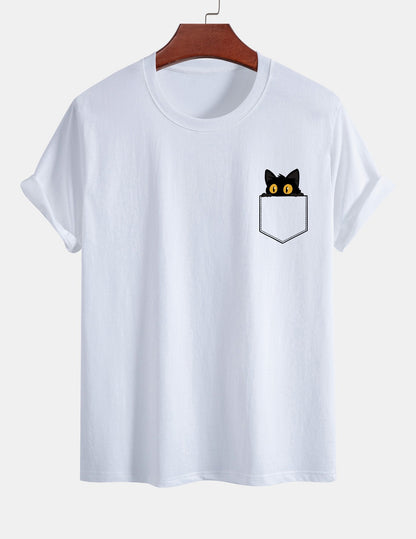 Regulär geschnittenes T-Shirt mit schwarzer Katzenmotivtasche