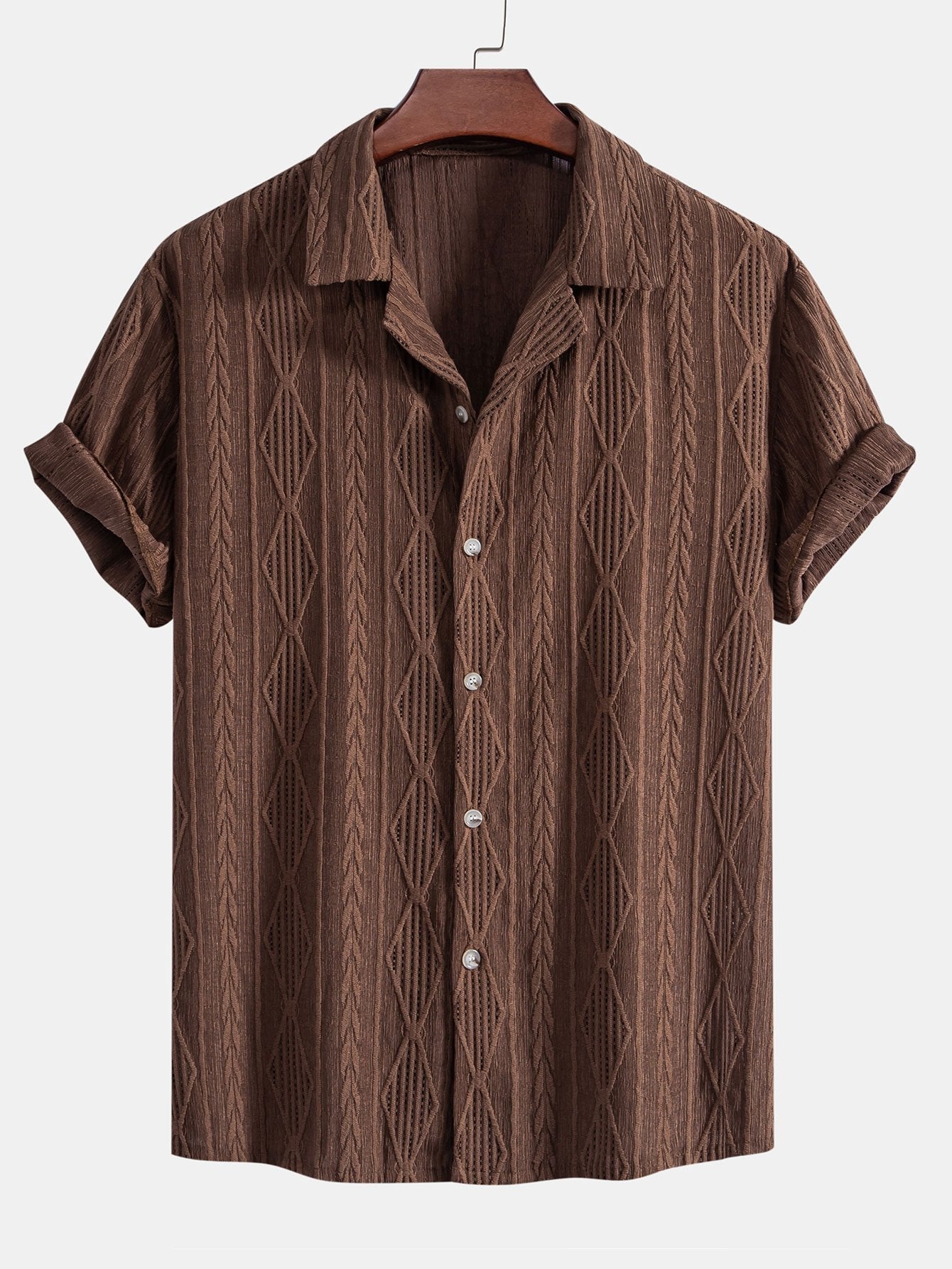 Geometrisches Jacquard-Ösen-Cuban-Shirt & Crinkle-texturierte 5"-Shorts mit Kordelzug