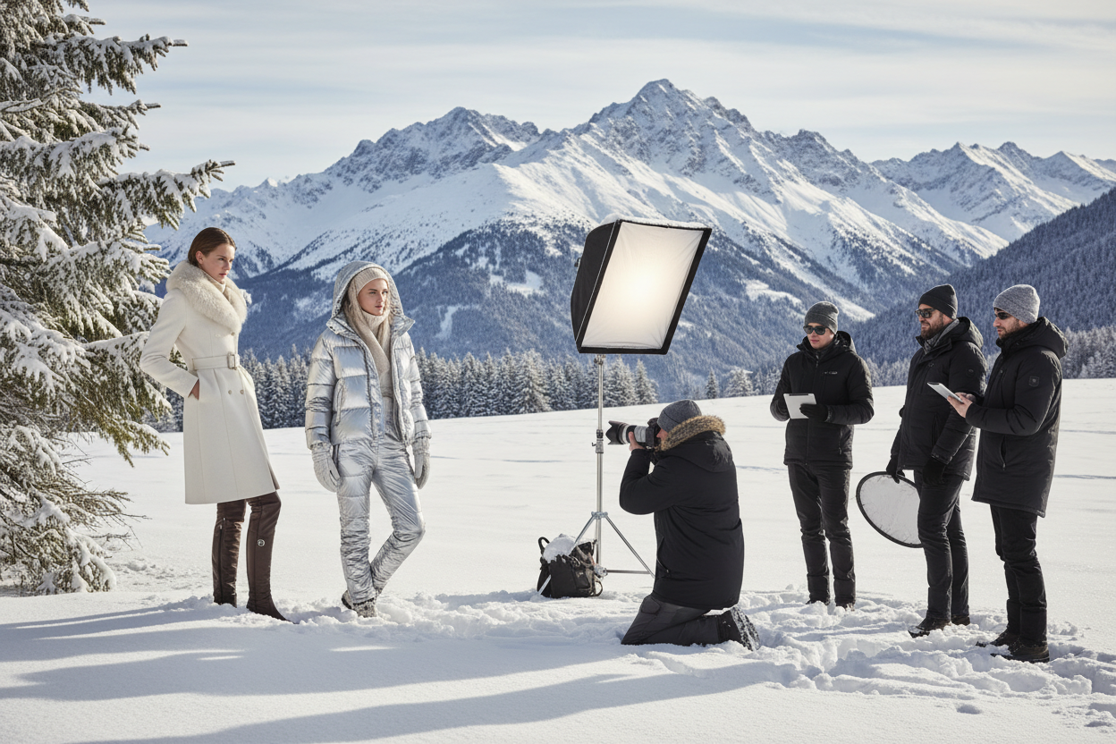 ma a picture of people wo are having a photoshoot for a fashion brand in austria, wearing winter jackets
