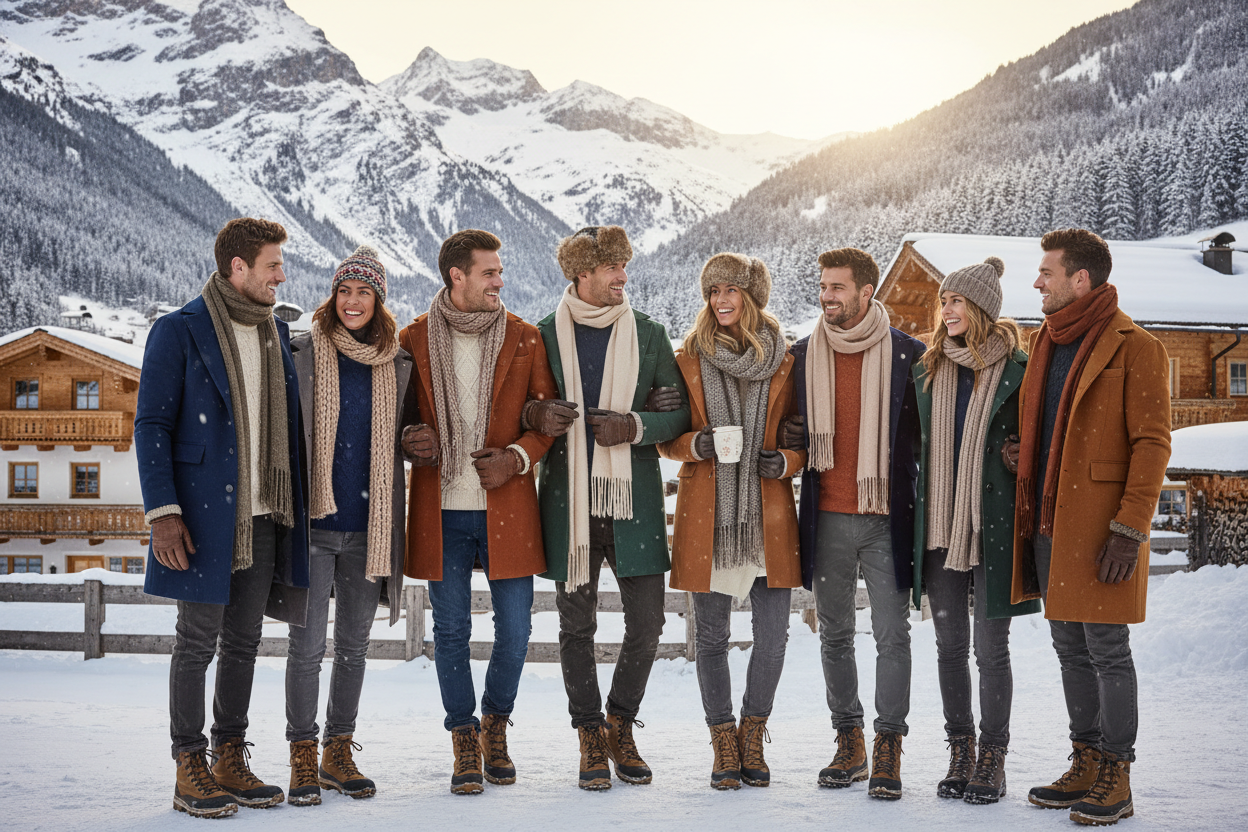 make a pickture of a group of people in winter clothes in austria, for my clothing store
