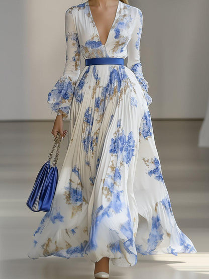Wunderschönes Blumenmuster V-Ausschnitt Maxikleid