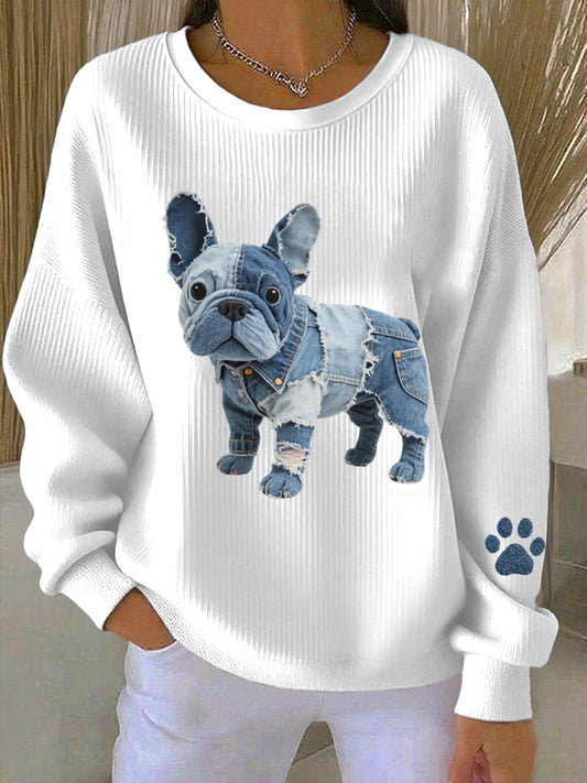 Rosa - Damen Sweatshirt mit Denim-Patchwork im französischen Bulldoggen-Stil