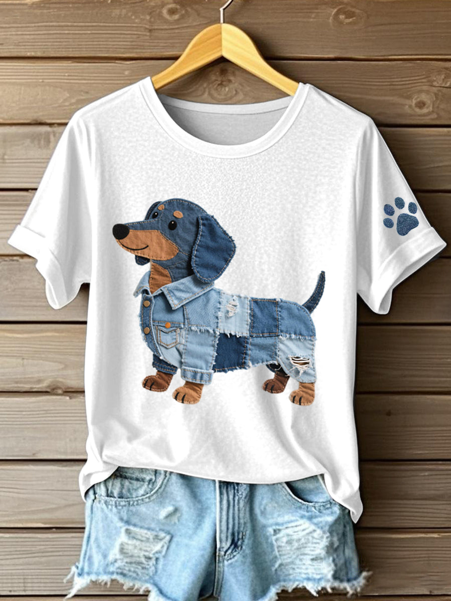 Ciela - Damen Patchwork Kunstjeans T-Shirt mit Dackelmuster