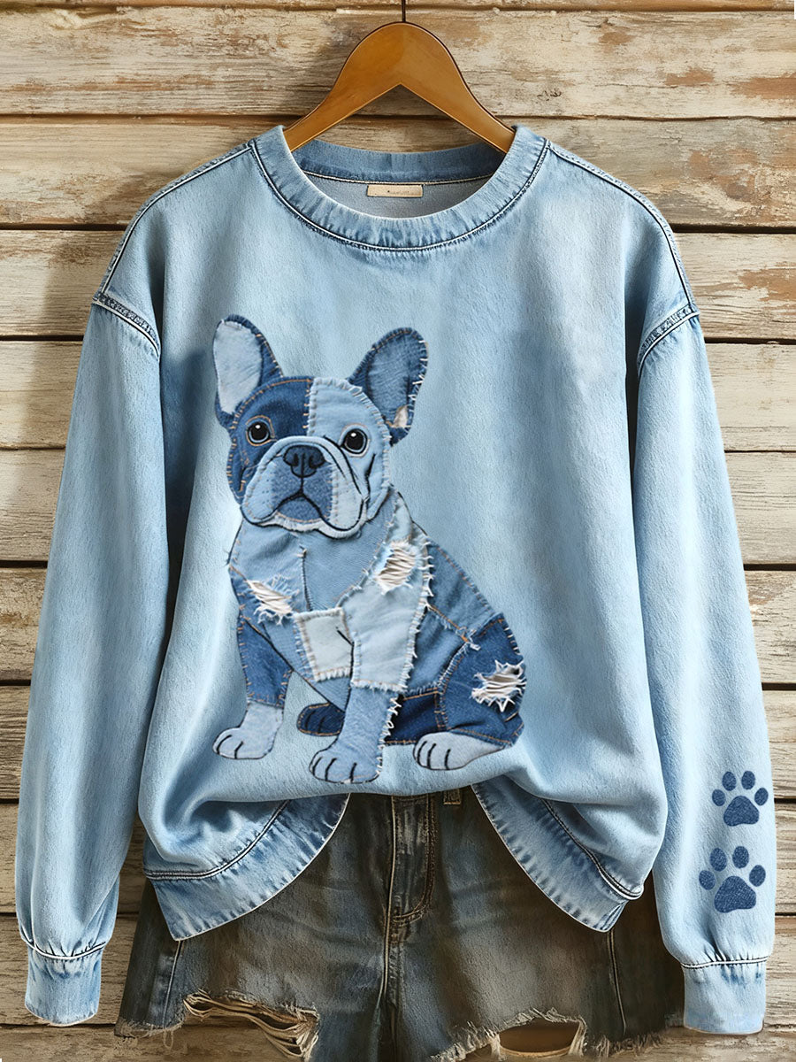Nina - Damen Sweatshirt mit Denim-Patchwork im Französischen Bulldoggen-Stil