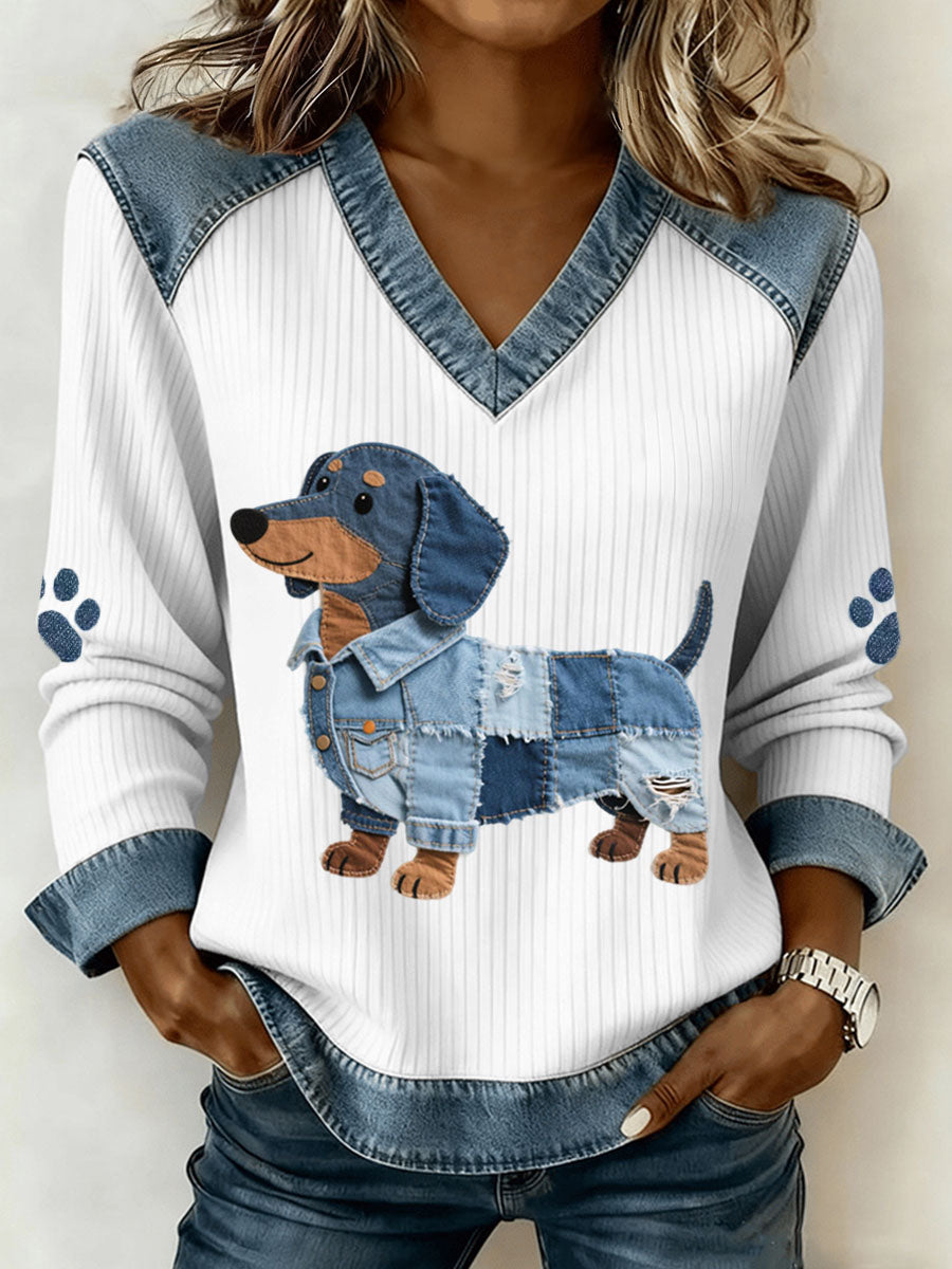 Sombra - Betörender Dackel für Damen mit künstlerischem Denim-Patchwork und V-Ausschnitt