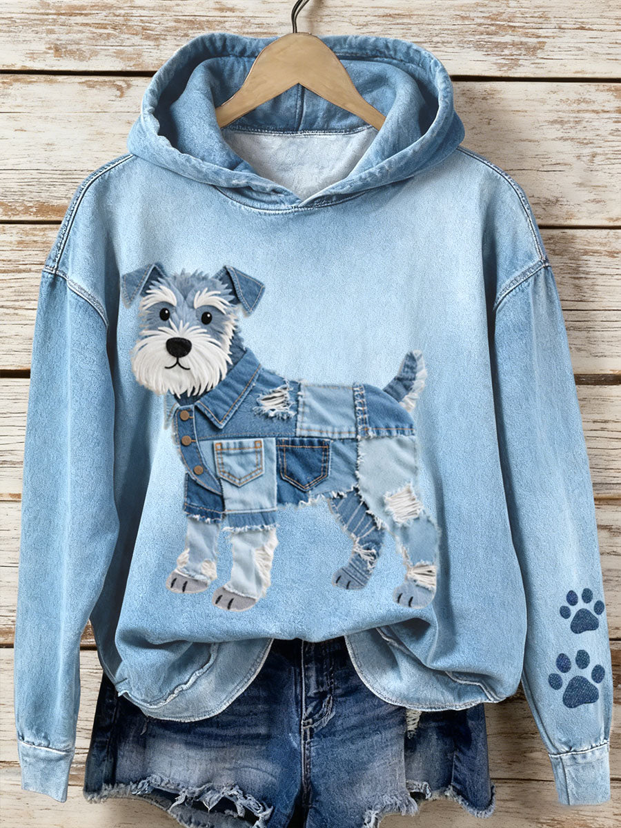 Lola - Denim-Hoodie für Damen Patchwork Art Schnauzer mit Hunde-Motiv