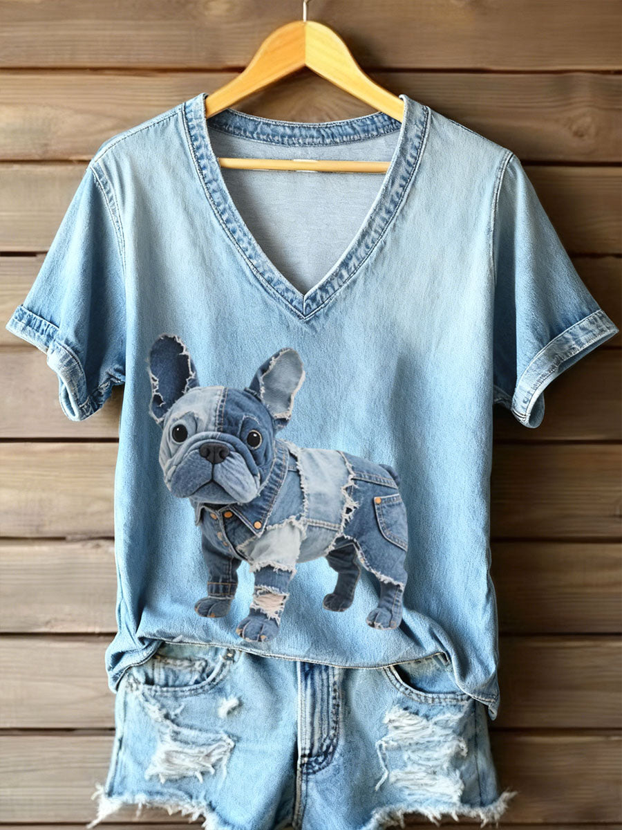Dulce - Damen T-Shirt mit V-Ausschnitt im französischen Bulldoggen-Stil