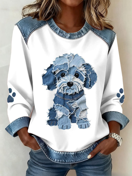 Luz - Damen-Hoodie mit Patchwork-Muster und Denim-Druck eines haarigen Hundes