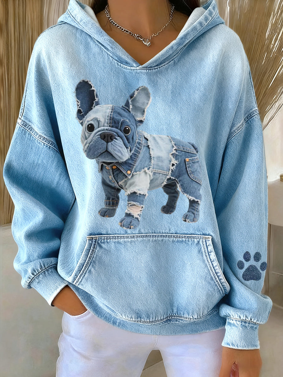 Blanca - Gestreifter Hoodie mit Französischer Bulldogge und Denim-Patch für Damen